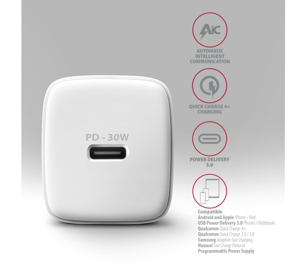 Axagon ACU-PD30W, Sil 30W, 1x USB-C, PD3.0/PPS/QC4+/SFC/AFC/Apple - 1353458 - zdjęcie 6